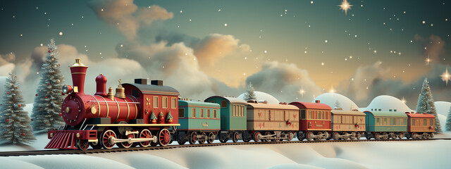 Toy vintage locomotive in the snow forest. Steam train rides among the snowy landscape. Cartoon Illustration. Banner. Christmas and New year celebration concept, background.