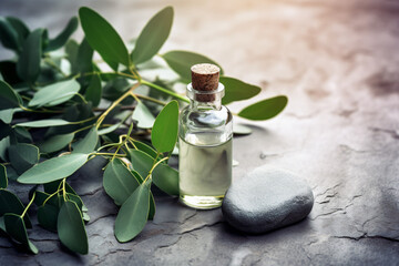 Obraz na płótnie Canvas Eucalyptus essential oil and fresh leaves