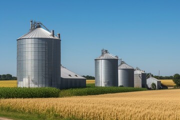 Fototapeta na wymiar Clear summer day in USA shows soybean-filled agricultural field with farm grain storage silos in the background. Generative AI