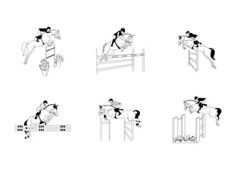 Equestrian sports, show jumping, athletes overcome obstacles, black and white vectorEquestrian sports, show jumping, athletes overcome obstacles, black and white vectorм