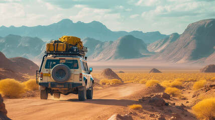 AI Generated, Photograph Capturing the Spirit of Exploration and Adventure in the Desert, with Off-Road Vehicle Navigating the Rugged Terrain.
