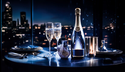 champagne with celebration ornaments on desk.beverage and anniversary or festival background.light blue luxury design