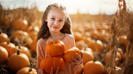 girl with orange pumpkins in the field