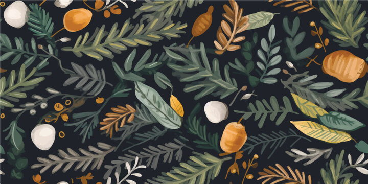 Seamless pattern. Hand drawn vector illustrations - Forest Autumn collection. Spruce branches, acorns, pine cones, fall leaves. Design elements for invitations, greeting cards, quotes, prints, fabric