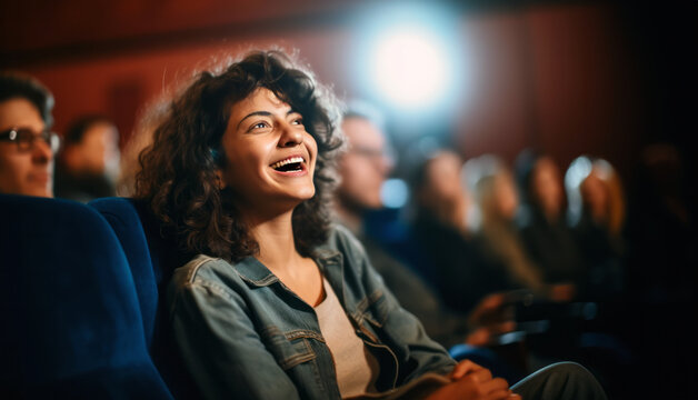A woman sitting alone in a theater, fully engrossed in a movie or live performance. Her laughter and happiness radiate, showcasing a sense of independence and fulfillment while single.