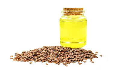 brown linseed oil in a bottle isolated on a white background