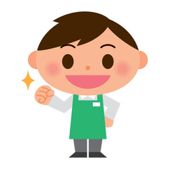 ガッツポーズ　エプロン姿の男性