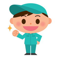 ガッツポーズ　作業着を着た男性