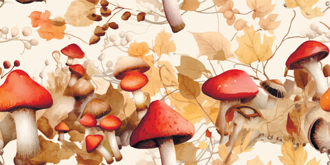 Autumn seamless pattern with mushrooms, berries and bugs. Natural trendy print © Eli Berr