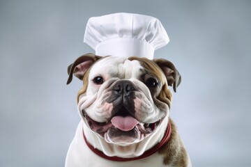 Medium shot portrait photography of a smiling bulldog wearing a chef hat against a white background. With generative AI technology