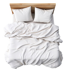 Empty blanket and pillows mockup in bedstead. Empty double bed top view. - obrazy, fototapety, plakaty
