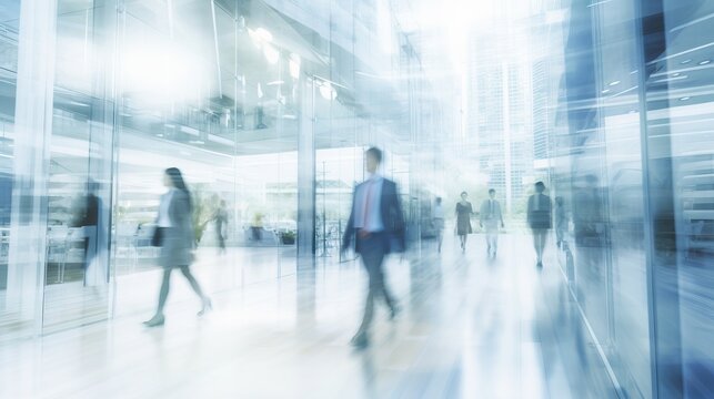 blurred business people in white glass office. Abstract blurred office interior space background. blue and orange colors. Business concept