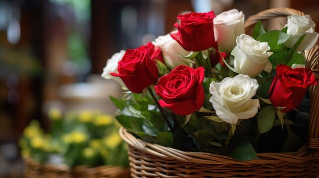 Bouquet of red and white roses in a wicker basket. Mother's day concept with a space for a text. Valentine day concept with a copy space.