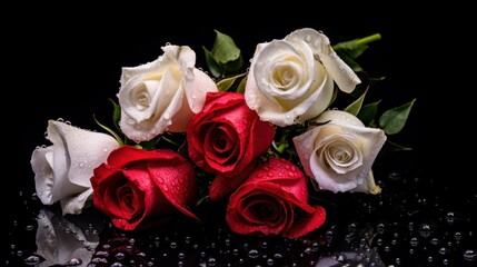 Red and white roses with water drops on black background. Valentines day concept. Mother's day concept with a space for a text. Valentine day concept with a copy space.