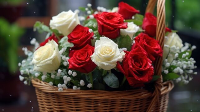 Bouquet of red and white roses in a basket on the table. Mother's day concept with a space for a text. Valentine day concept with a copy space.