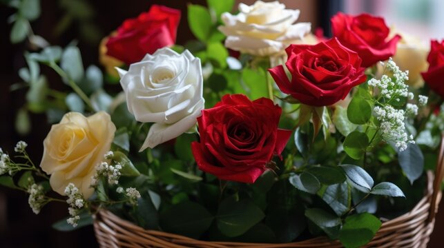 Bouquet of red and white roses in a basket on the table. Mother's day concept with a space for a text. Valentine day concept with a copy space.
