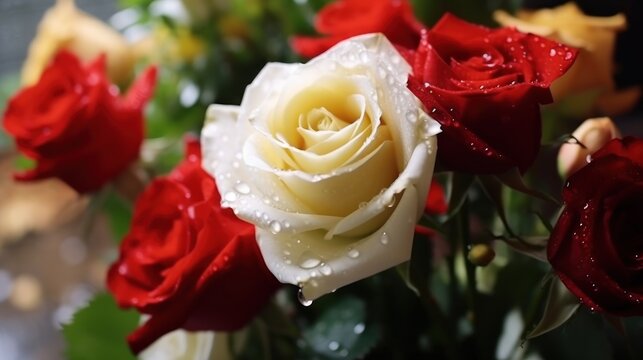 Beautiful white and red rose with water drops on petals. Mother's day concept with a space for a text. Valentine day concept with a copy space.