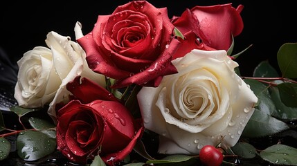 Bouquet of red and white roses with water drops on black background. Mother's day concept with a space for a text. Valentine day concept with a copy space.