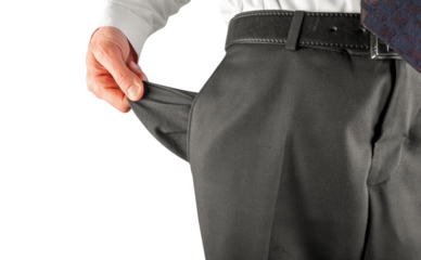 Bankruptcy concept. Bankrupt business man showing empty pocket with hand isolated on transparent png