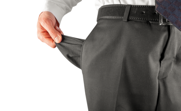 Bankruptcy concept. Bankrupt business man showing empty pocket with hand isolated on transparent png