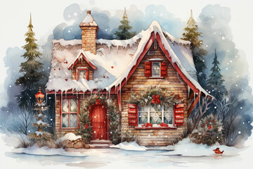 Watercolor brick house in winter forest. Christmas illustration. Holiday card for design or print