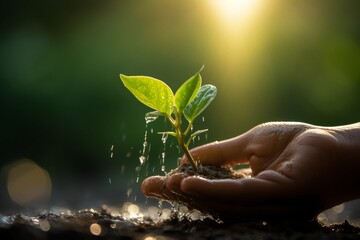 a close-up macro photo of a young green tree plant sprout growing up from the black soil, sunshine shinning a light, human hand adding water. Growth new life concept.