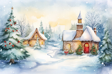 Watercolor winter landscape Illustration . Christmas village houses with snow spruce forest.