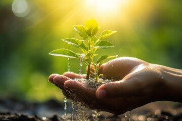 a close-up macro photo of a young green tree plant sprout growing up from the black soil, sunshine shinning a light, human hand adding water. Growth new life concept.