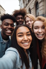 Fototapeta premium cropped shot of a group of young people taking selfies while standing outside