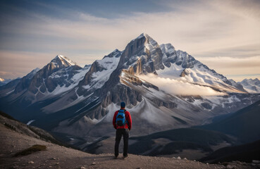 Anonymous hiker contemplating mountain ridge. Generative AI
