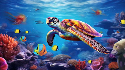 Turtle with group of colorful fish and sea animals with colorful coral underwater in ocean. AI...