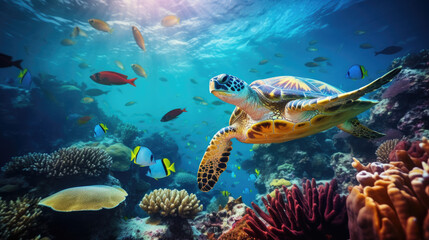 Obraz na płótnie Canvas Turtle with group of colorful fish and sea animals with colorful coral underwater in ocean. AI Generative