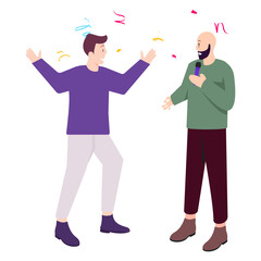 Fototapeta na wymiar friends celebrating happy moments together concept, shocked excited two young men vector icon design, Life satisfaction symbol positive and pleasant emotion scene sign Subjective well-being stock