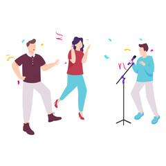 People with hands up at disco, performance and side view of singer concept vector design, Life satisfaction symbol, positive and pleasant emotion scene sign,  Subjective well-being stock illustration