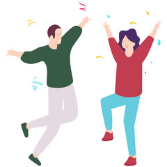 Overjoyed people have fun celebrate party together concept, young man and woman friends dancing to party music vector icon design, Life satisfaction symbol, positive and pleasant emotion scene sign