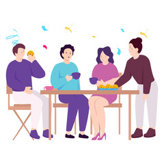Young Friends Sitting On Table In Cafe concept, Four Smiling Happy Buddy vector icon design Life satisfaction symbol, positive and pleasant emotion scene sign  Subjective well-being stock illustration