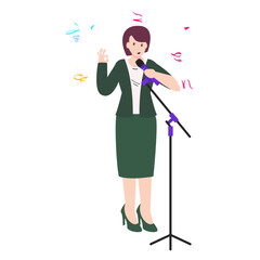 Girl singing at microphone on Party concept, Woman with microphone in hand, for performing karaoke songs or recording vector icon design, Life satisfaction symbol, positive and pleasant emotion scene 