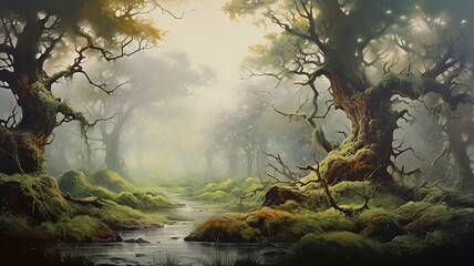 landscape huge old oaks in the swamp oil paint delicate colors paintings on canvas. - obrazy, fototapety, plakaty