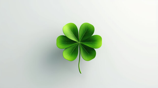 Four-leaf green clover for good luck on St. Patrick's Day,  white background, holiday concept of spring, plant clover symbol. Generative AI
