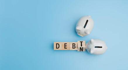 Financial, Accounting, banking, investment, saving money concept. Top view, Flat lay DEBT on wood of cube with 2 piggy banks on blue background with copy space.
