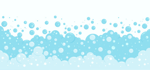 Bubble soap background, cartoon water foam, bath pattern. Shower border. Soda, shampoo, laundry suds, wash frame. Underwater, fizz drink, carbonated splash, blue soft cloud. Clean vector illustration - obrazy, fototapety, plakaty
