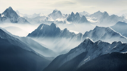 Fototapeta na wymiar panorama landscape of mountains snowy peaks of rocks in fog and clouds.