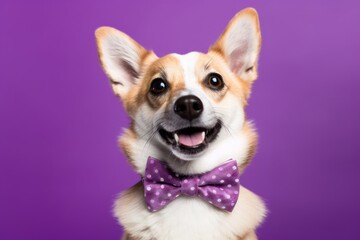 Environmental portrait photography of a funny norwegian lundehund wearing a cute bow tie against a vibrant purple background. With generative AI technology