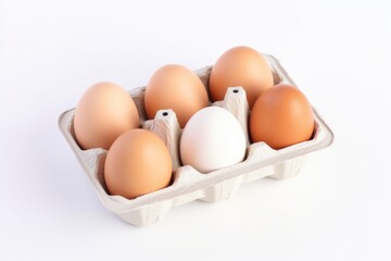 Fresh raw chicken eggs in carton box on white background