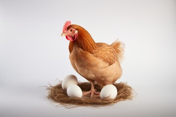 Fresh eggs and chicken in nest with dry straw on white background