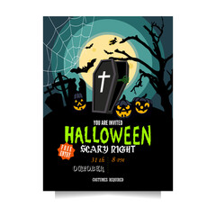 Halloween party invitation with a zombie gitting out of a coffin, graves, bats, pumpkins and a witch in full moon