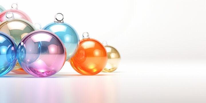 Colorful transparent christmas balls on white background. Illustration for desing, print. Merry christmas card. Winter and New Year holiday xmas theme. Banner. Copy space for text.