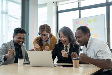 group of business people meeting and brain storming to plan on laptop computer, Creative agency business brain storm meeting presentation, business people teamwork consult organize big data summary