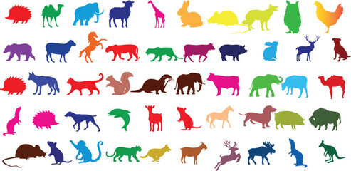 Colorful animal silhouettes collection, vector illustration of various animals in different colors, perfect for children’s books, posters, stickers. Elephants, camels, cows, horses, cats, dogs, deer