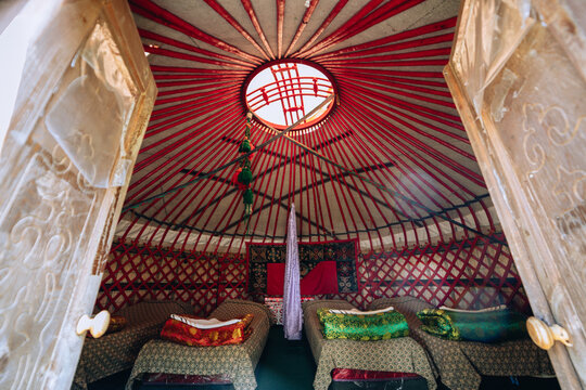 Interior of traditional yurt in Jetii Oguz valley Kyrgyzstan.